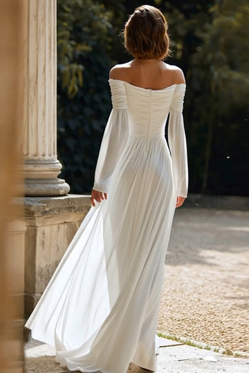 Ivory Ruched Long Sleeve Off The Shoulder Engagement Dress